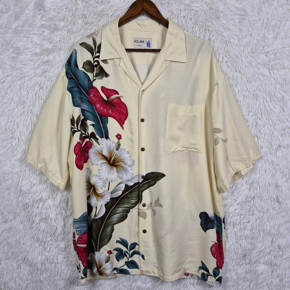 Vtg Iolani Hawaii Vintage Rayon Aloha Shirt XL Cream Floral Hibiscus Camp